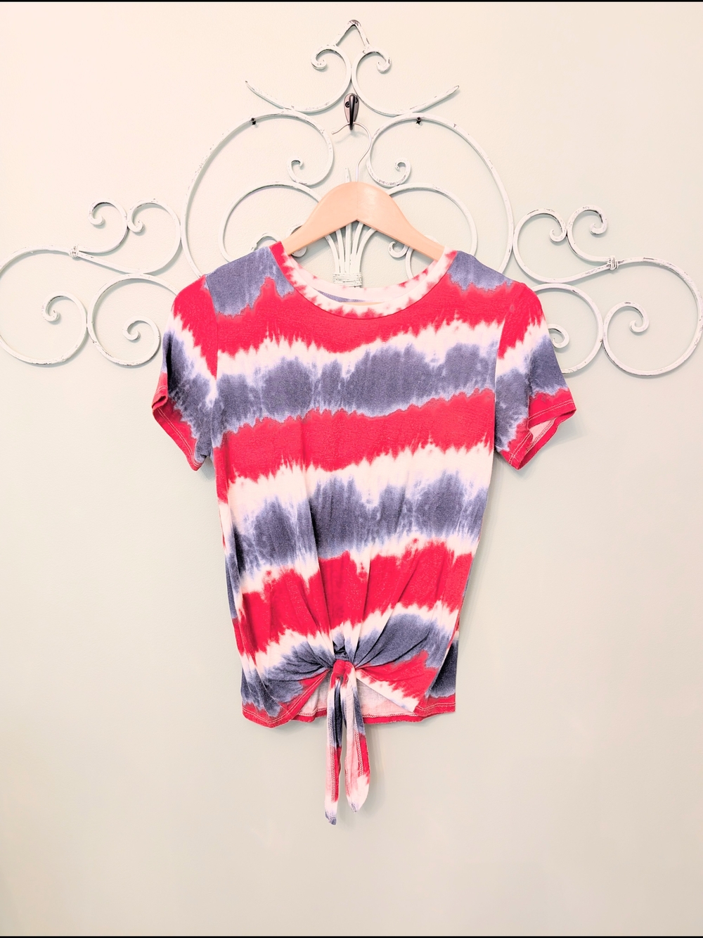 Tie-Front Tie-Dye Short Sleeve Top - Red, White & Blue